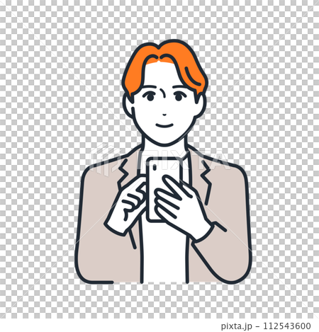 A simple vector illustration of a young man operating a smartphone with a smile 112543600