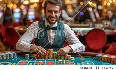 Croupier dealing deck of poker cards in casino 112543865