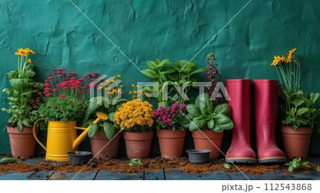 rubber boots and a variety of potted plants 112543868