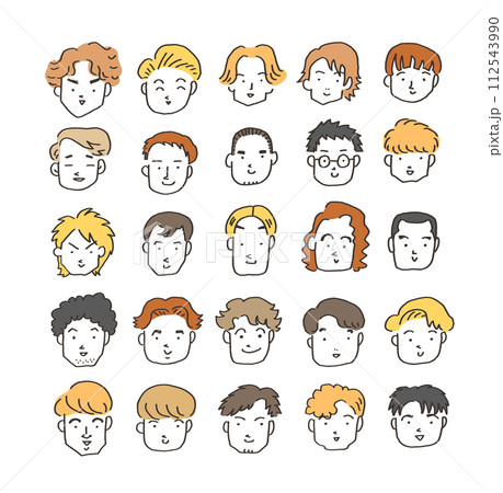 様々なヘアスタイルの男性の顔イラストセット　シンプル 112543990