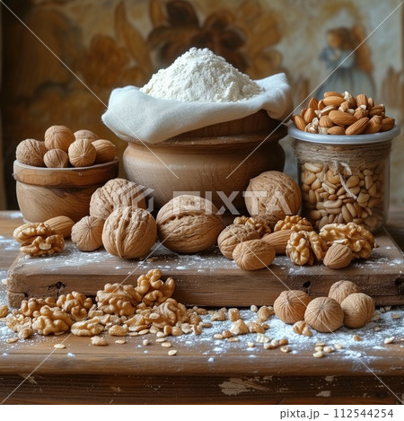 walnuts still life in rural style 112544254