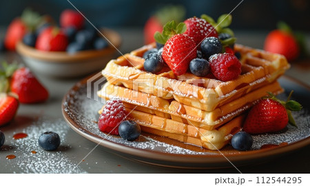 Belgian waffles with berries in a plate 112544295
