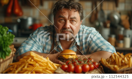 fast food seller with hamburgers and fries 112544325
