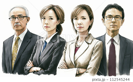 コーポレート・ガバナンス：会社の幹部が自信を持って前を見据えて歩いていることで表現