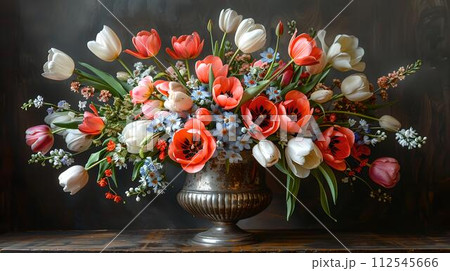 Elegant floral arrangement in a classic vase, still life inspired photography, vivid tulips and soft light. an ideal image for invitations or decor. AI 112545666
