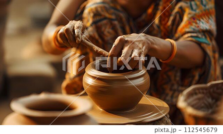 Artisan hands crafting pottery on wheel, traditional ceramic making process captured in warm light. creative workshop ambiance. AI 112545679