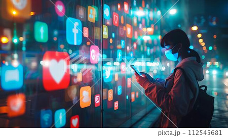 Woman in a mask exploring social media icons on a digital wall. urban tech landscape with vibrant lights. reflective, futuristic city life scene. AI 112545681