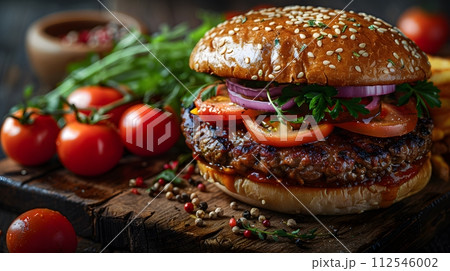Hamburger illustration for advertising with the pleasant atmospheric environment makes this meal very special. Can be used in marketing, restaurants, websites, sales promotions, events, billboards. 112546002