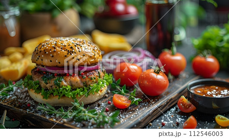 Hamburger illustration for advertising with the pleasant atmospheric environment makes this meal very special. Can be used in marketing, restaurants, websites, sales promotions, events, billboards. 112546003