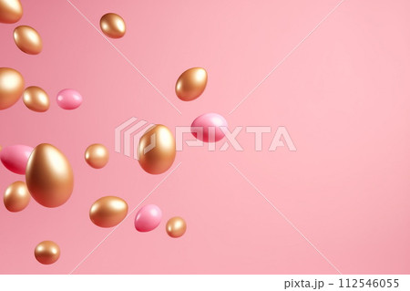 Festive Easter pink background with flying eggs of pink and gold color. Copy space, Generative AI 112546055