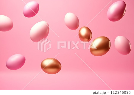 Easter pink wallpaper with eggs of pink and gold color. Copy space, Generative AI 112546056