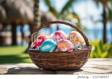 Decorated in tropical style Easter eggs in wicker basket at the palms ocean beach. Copy space, Generative AI 112546057