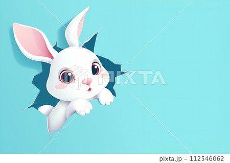 Cute cartoon white rabbit peeking out from a hole of the blue wall. Easter concept. Copy space. Generative AI 112546062