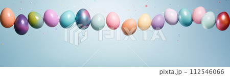 Easter banner with row of painted flying eggs on blue background. Copy space, Generative AI 112546066