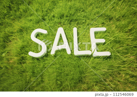 Bulk white letters with sale text on green grass. Top view, flatlay, copy space, Generative AI 112546069