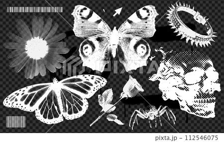 Trendy grunge elements collection with a retro negative photocopy effect. y2k overlay stickers for cool design. Skull, flowers, butterflies, spider, spikes vector realistic illustration Trendy grunge elements collection with a retro negative photocopy effect. y2k overlay stickers for cool design. Skull, flowers, butterflies, spider, spikes vector realistic illustration 112546075