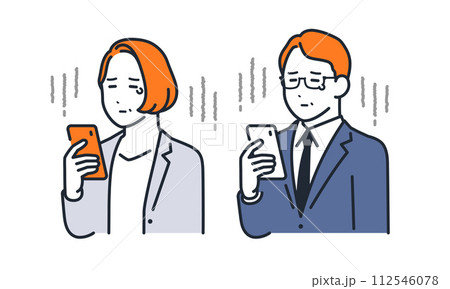 スマートフォンを見て悲しむミドルの会社員のシンプルなベクターイラストセット素材 112546078