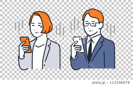 スマートフォンを見て悲しむミドルの会社員のシンプルなベクターイラストセット素材 112546078