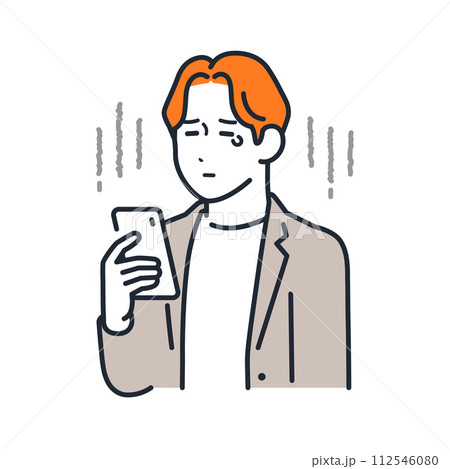 スマートフォンを見て悲しむ若い男性のシンプルなベクターイラスト素材 112546080