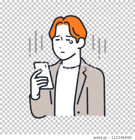 A simple vector illustration of a sad young man looking at his smartphone 112546080
