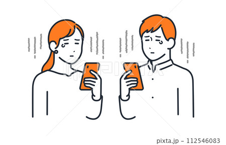 スマートフォンを見て悲しむ若い男女のシンプルなベクターイラストセット素材 スマートフォンを見て悲しむ若い男女のシンプルなベクターイラストセット素材 112546083