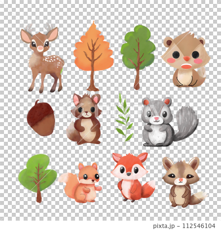 set of woodland animals hand drawing watercolor. 112546104