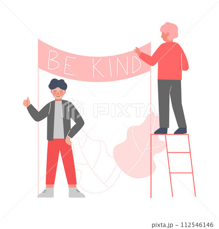 Two Cute Boys Hanging Poster with Be Kind Inscriptions, Good Manners Concept Vector Illustration 112546146