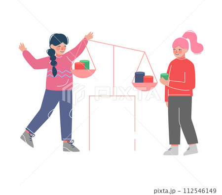 Two Cute Girls Playing with Scales, Girls Weighing Geometric Shapes Vector Illustration 112546149