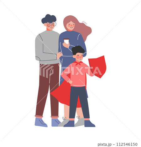 Cute Boy in Red Cape Protecting His Family, Happy Parents and their Son Vector Illustration Cute Boy in Red Cape Protecting His Family, Happy Parents and their Son Vector Illustration 112546150