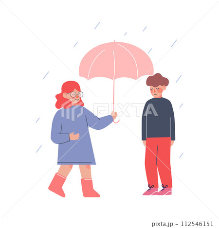 Cute Girl Holding Umbrella Over Boy in Rainy Weather, Polite and Kind Kids, Good Manners Concept Vector Illustration Cute Girl Holding Umbrella Over Boy in Rainy Weather, Polite and Kind Kids, Good Manners Concept Vector Illustration 112546151