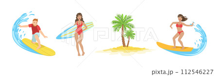 Man and Woman Surfer Character with Surfboard Vector Set Man and Woman Surfer Character with Surfboard Vector Set 112546227