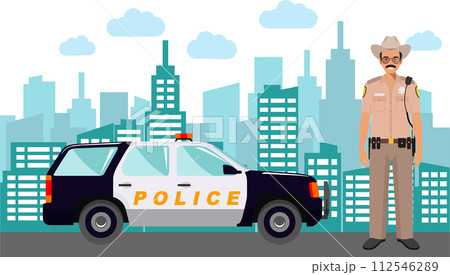 Young Cute Smiling Standing Policeman Sheriff Officer in Uniform with Police Car and Modern Cityscape in Flat Style. Vector Illustration 112546289
