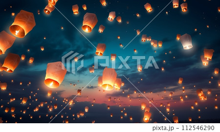 Illuminated wishes soar as floating lanterns grace the sky.AI Generated 112546290