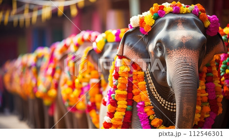 Majestic elephants adorned in colorful blessings grace us.AI Generated Majestic elephants adorned in colorful blessings grace us.AI Generated 112546301