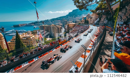 AI-generated content. Formula One racing event. Several Formula One cars racing down track. Luxurious event, popular motorsport competition 112546482