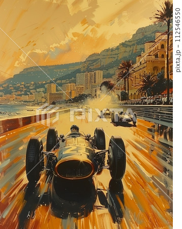 AI-generated content. Two Formula One race cars in motion on race track with castle and fascinating view on background. Watercolor art 112546550