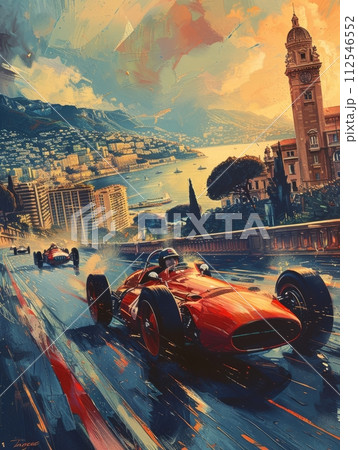 AI-generated content. Two Formula One race cars in motion on race track with castle and fascinating view on background. Watercolor art 112546552