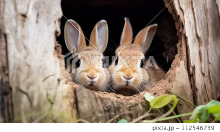 Two cute bunnies hiding inside tree hollow at nature, AI Generative 112546739