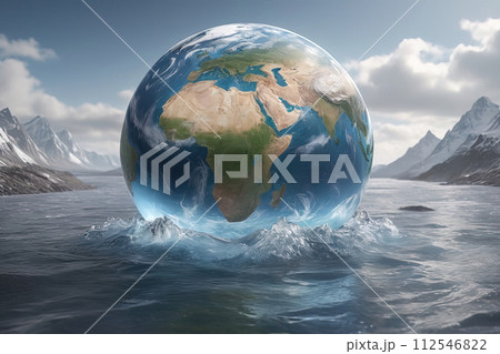 Planet Earth's environment heats up and sinks into a lot of water. Climate change global warming conceptual theme. Generated AI Planet Earth's environment heats up and sinks into a lot of water. Climate change global warming conceptual theme. Generated AI 112546822