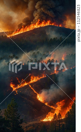 A dense forest fire with billowing smoke and bright red flames engulfing forested areas. Climate change and the threat to forest ecosystems. Climate change concept. Generated AI A dense forest fire with billowing smoke and bright red flames engulfing forested areas. Climate change and the threat to forest ecosystems. Climate change concept. Generated AI 112546823