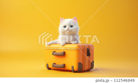 Cute white cat sitting in the suitcase. Sweet fluffy kitten is ready to travel. Generated AI. 112546849
