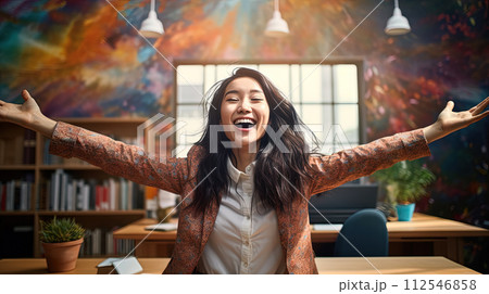 African american businesswoman excited on the workplace, celebrating the successful deal. Generated AI. 112546858