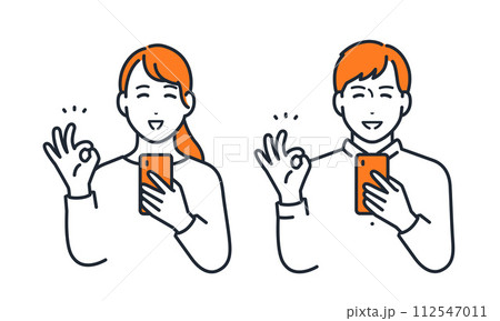 スマートフォンを持ってOKサインをする若い夫婦のシンプルなベクターイラストセット素材 スマートフォンを持ってOKサインをする若い夫婦のシンプルなベクターイラストセット素材 112547011