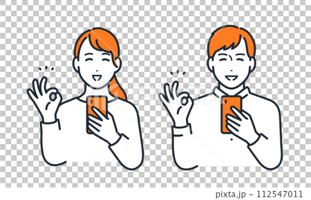 Simple vector illustration set material of a young couple holding a smartphone and giving an OK sign 112547011