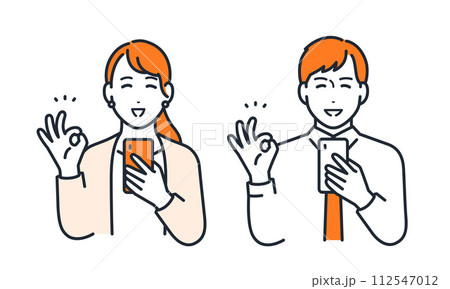 スマートフォンを持ってOKサインをする若い会社員の男女のシンプルなベクターイラストセット素材 112547012