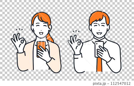 Simple vector illustration set material of young office workers, male and female, holding a smartphone and giving an OK sign Simple vector illustration set material of young office workers, male and female, holding a smartphone and giving an OK sign 112547012