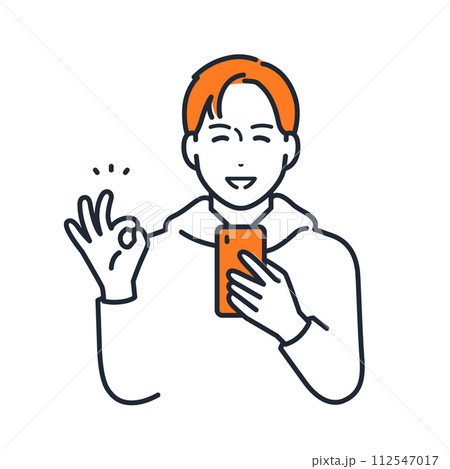 スマートフォンを持ってOKサインをするパーカーを着た若い男性のシンプルなベクターイラスト素材 112547017