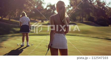 AI-generated content. Rear view of two girls in retro attire, friend rest on golf field in sunny day while playing in golf. 112547103