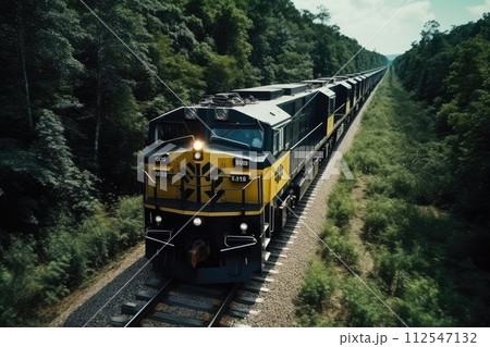 Suburban train travels through beautiful countryside. Generative AI 112547132