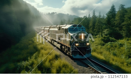 Suburban train travels through beautiful countryside. Generative AI 112547133